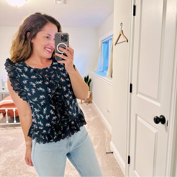 GAP Tops - NWT GAP Navy Blue Floral Ruffle Eyelet Top Medium